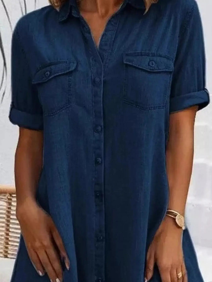 Full Size Button-Front Short Sleeve Denim Dress  Style Ratio