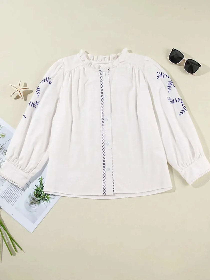 Frill Floral Embroidered Sleeve Blouse  Style Ratio