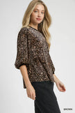 Umgee Leopard Round Neck Three-Quarter Sleeve Blouse  Style Ratio