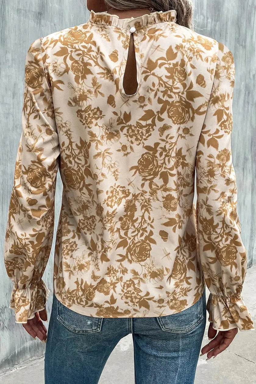 Floral Print Mock Neck Flounce Sleeve Blouse  Style Ratio
