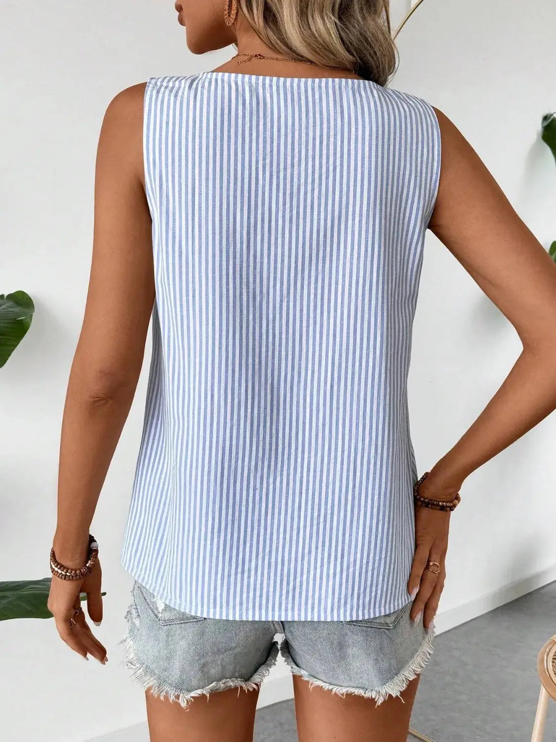 Decorative Button Asymmetrical Striped Tank Top  Style Ratio