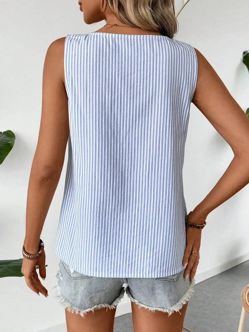 Decorative Button Asymmetrical Striped Tank Top  Style Ratio