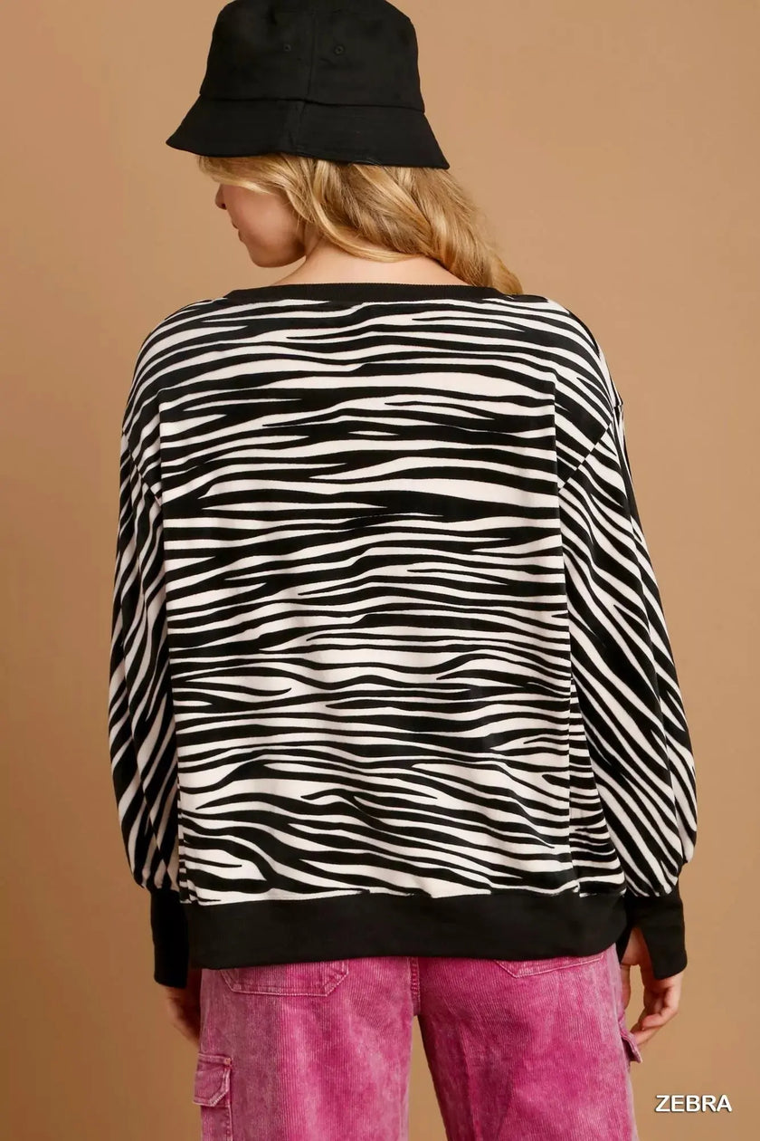 Umgee Zebra Striped Fleece Pullover Sweatshirt  Style Ratio