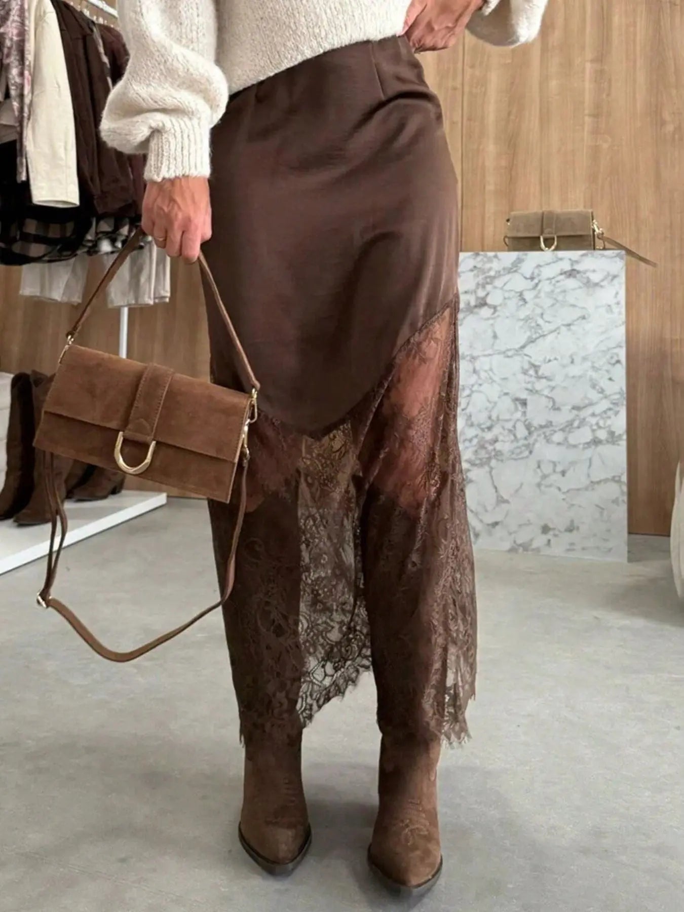 Lace Trim Satin Midi Skirt  Style Ratio