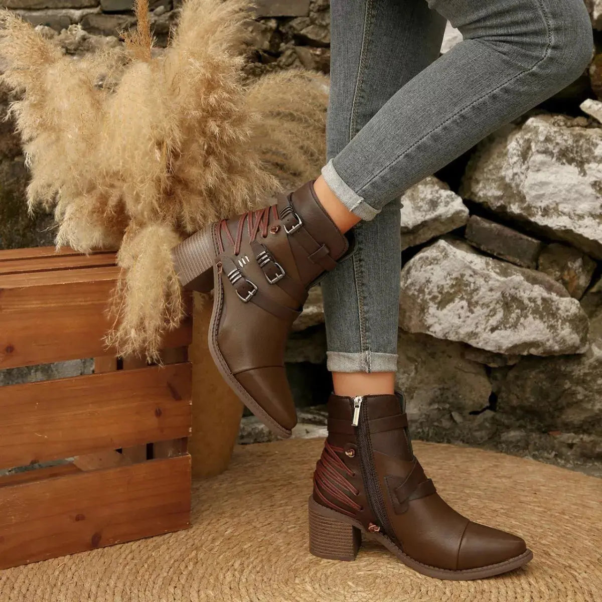 Point Toe Buckle Strap Ankle Boots with Block Heels  Style Ratio