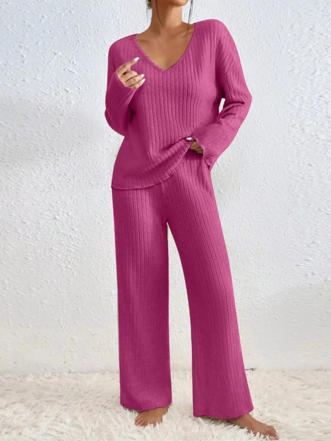 Ribbed V-Neck Top and Pants Loungewear  Style Ratio
