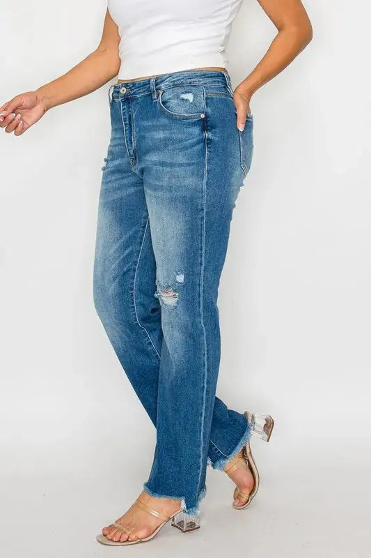 bytos Full Size Raw Hem Distressed Mid Rise Straight Jeans  Style Ratio