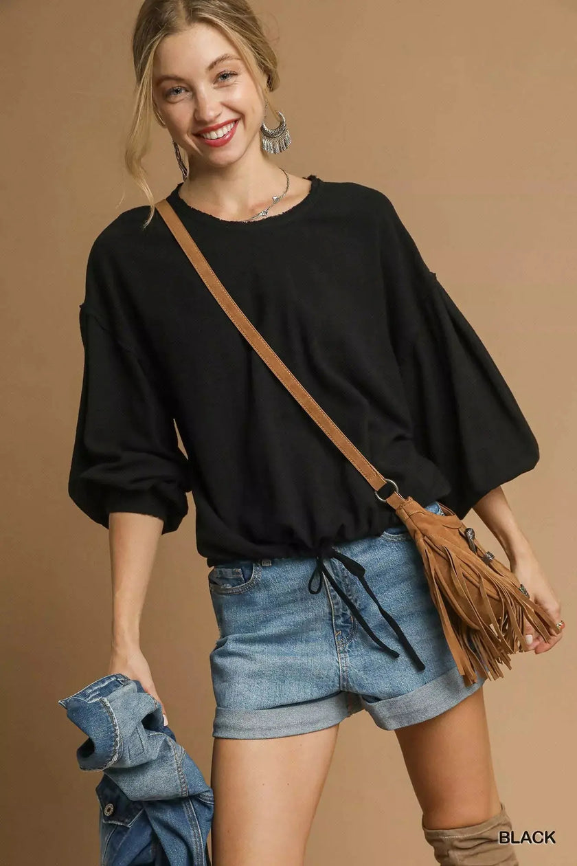 Umgee Full Size Linen Long Sleeve Top with Drawstring  Style Ratio