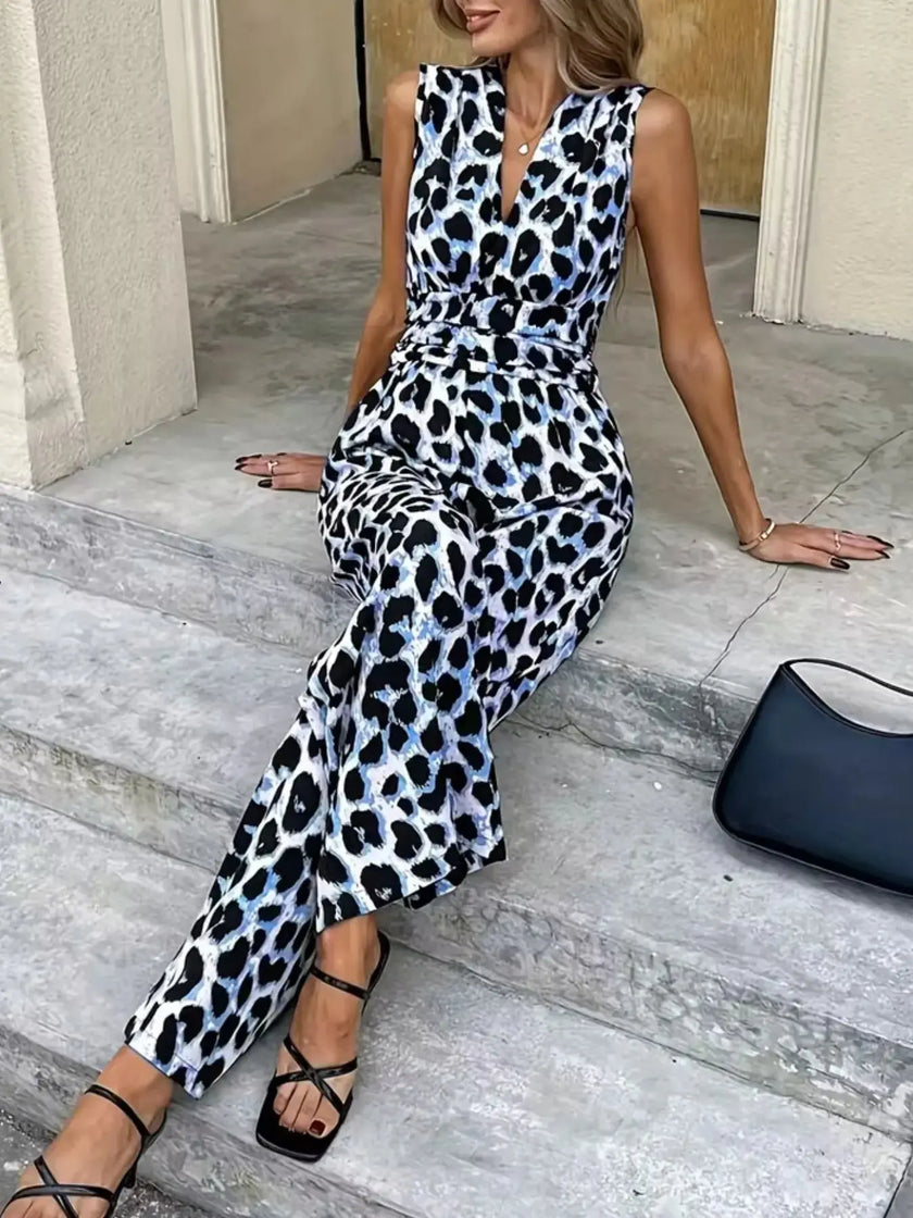 Sleeveless V Neck Leopard Print Jumpsuit  Style Ratio