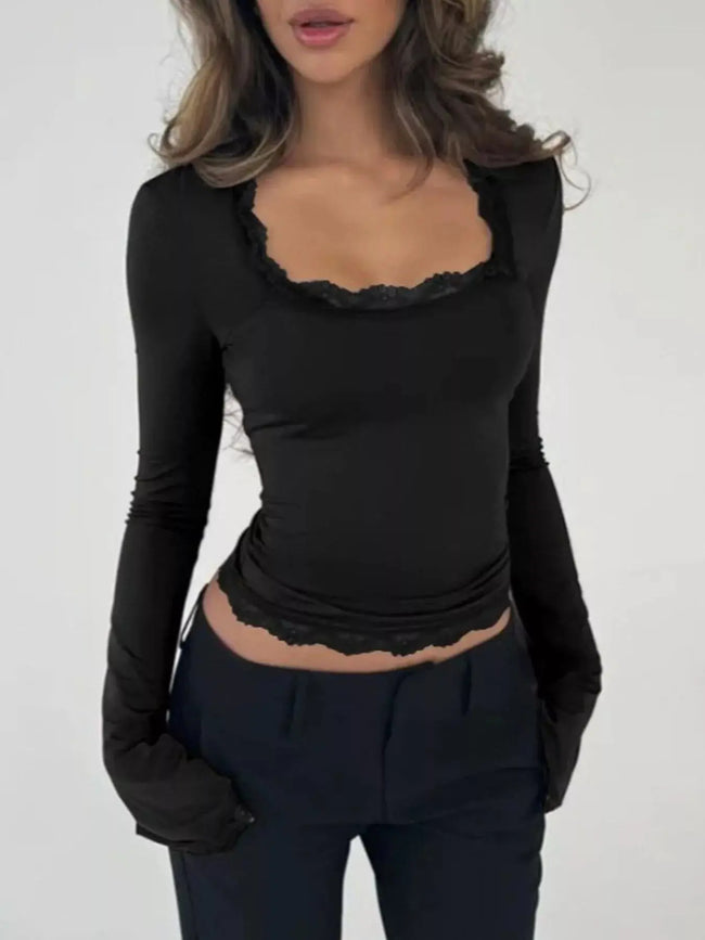 Lace Trim Square Neck Long Sleeve Top  Style Ratio