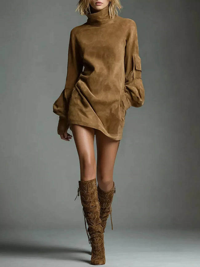 Full Size Suede Turtleneck Lantern Sleeve Mini Dress  Style Ratio