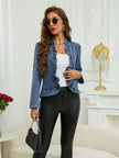 Plus Size Ruffled Trim Open Front Denim Jacket  Style Ratio
