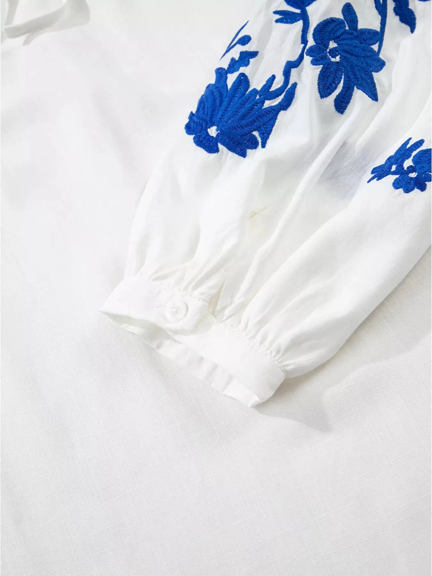 Floral Embroidered Tie Neck Blouse  Style Ratio