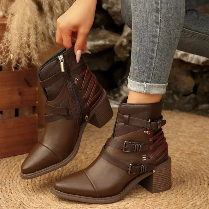 Point Toe Buckle Strap Ankle Boots with Block Heels  Style Ratio
