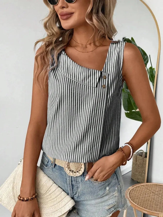 Decorative Button Asymmetrical Striped Tank Top  Style Ratio