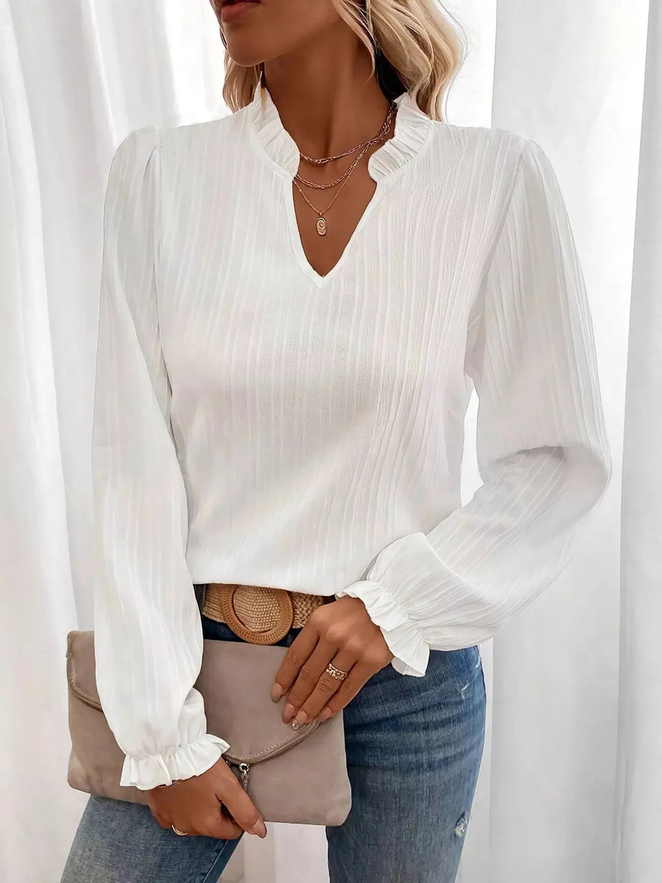 Ruffle Notched Long Sleeve Blouse  Style Ratio