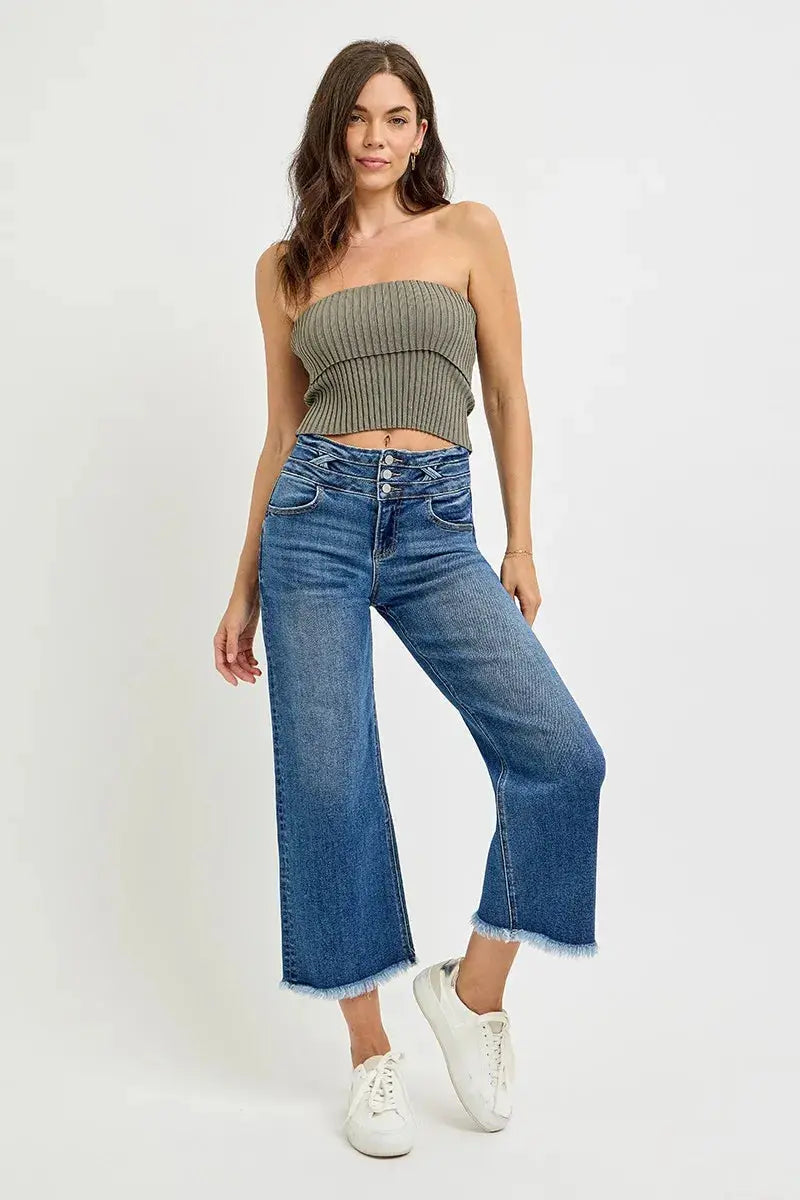 RISEN High Rise Crop Wide Leg Jeans with Wide Band Detail  Style Ratio