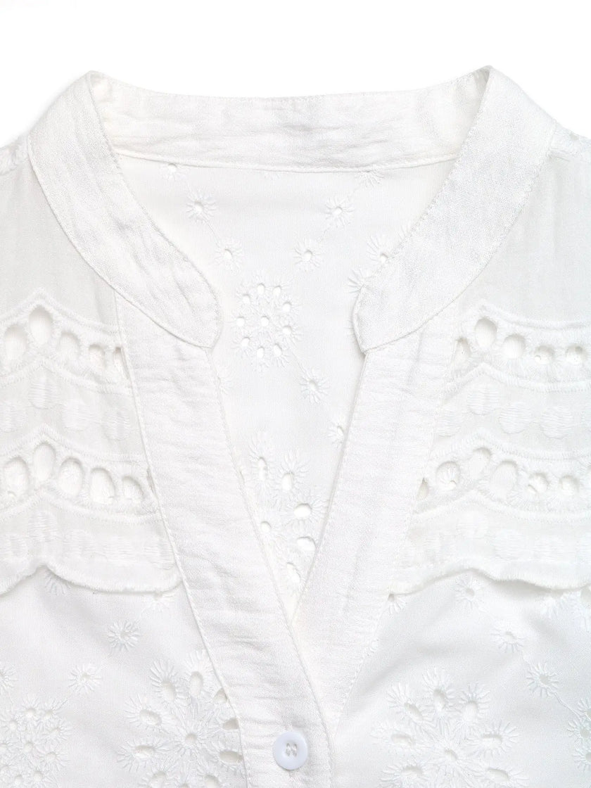 Eyelet Embroidered Button Up Blouse  Style Ratio