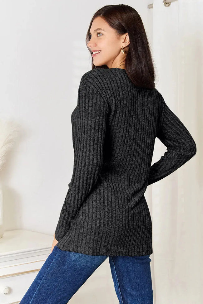 Double Take Notched Neck Ribbed Long Sleeve Shirt  Style Ratio