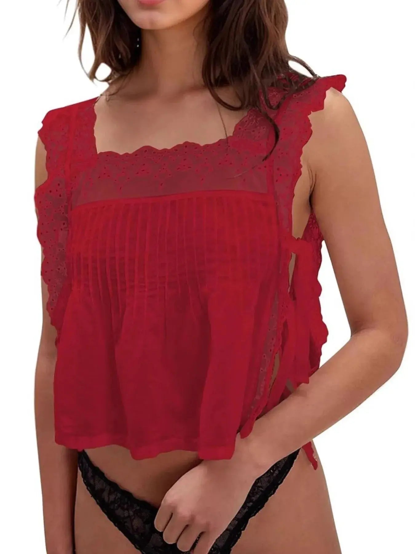 Lace-Trimmed Eyelet Square Neck Top  Style Ratio