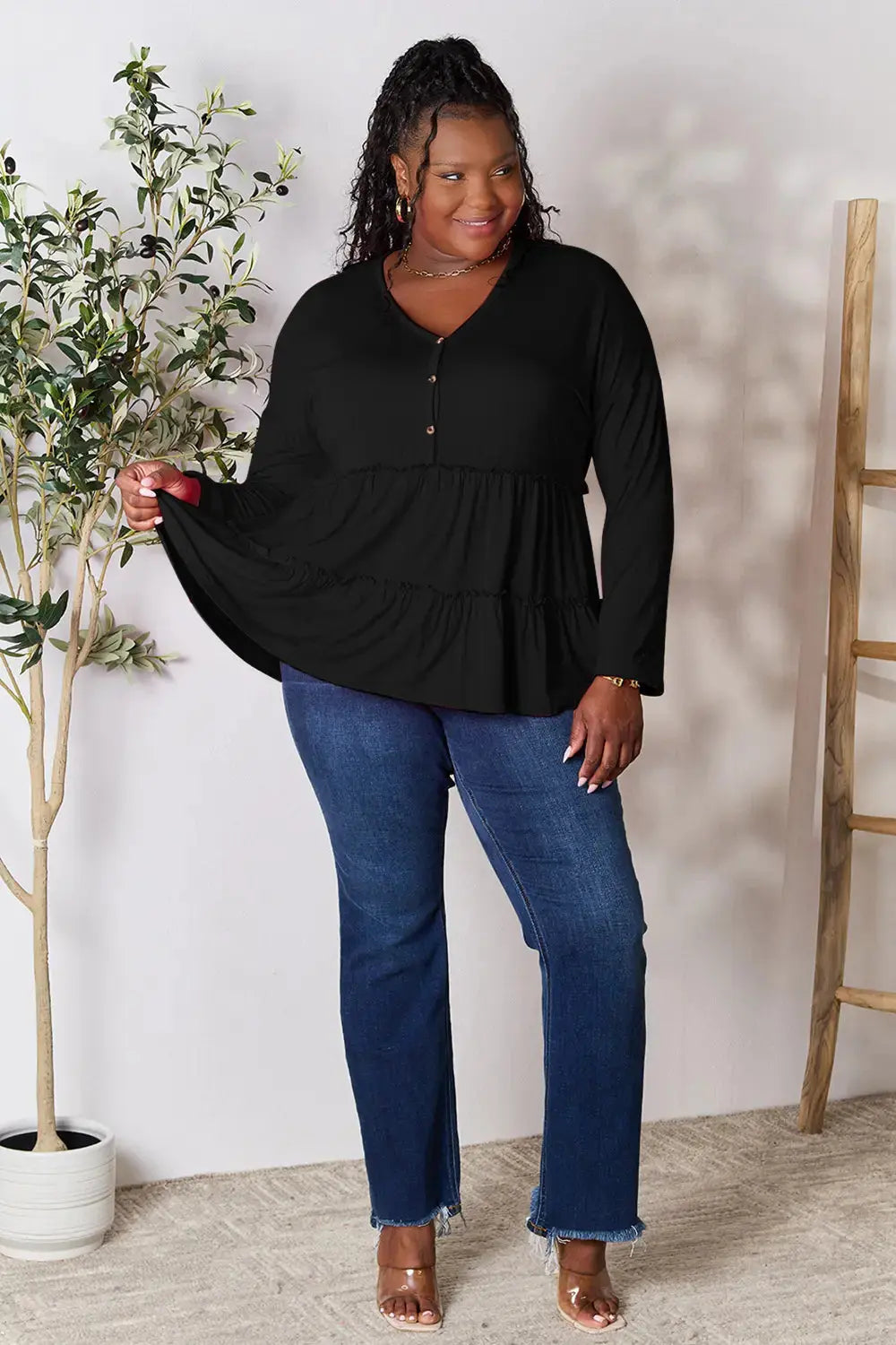 Double Take Half Button Long Sleeve Ruffle Hem Blouse  Style Ratio