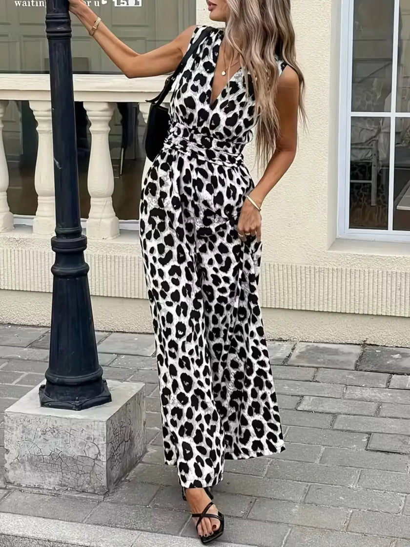 Sleeveless V Neck Leopard Print Jumpsuit  Style Ratio