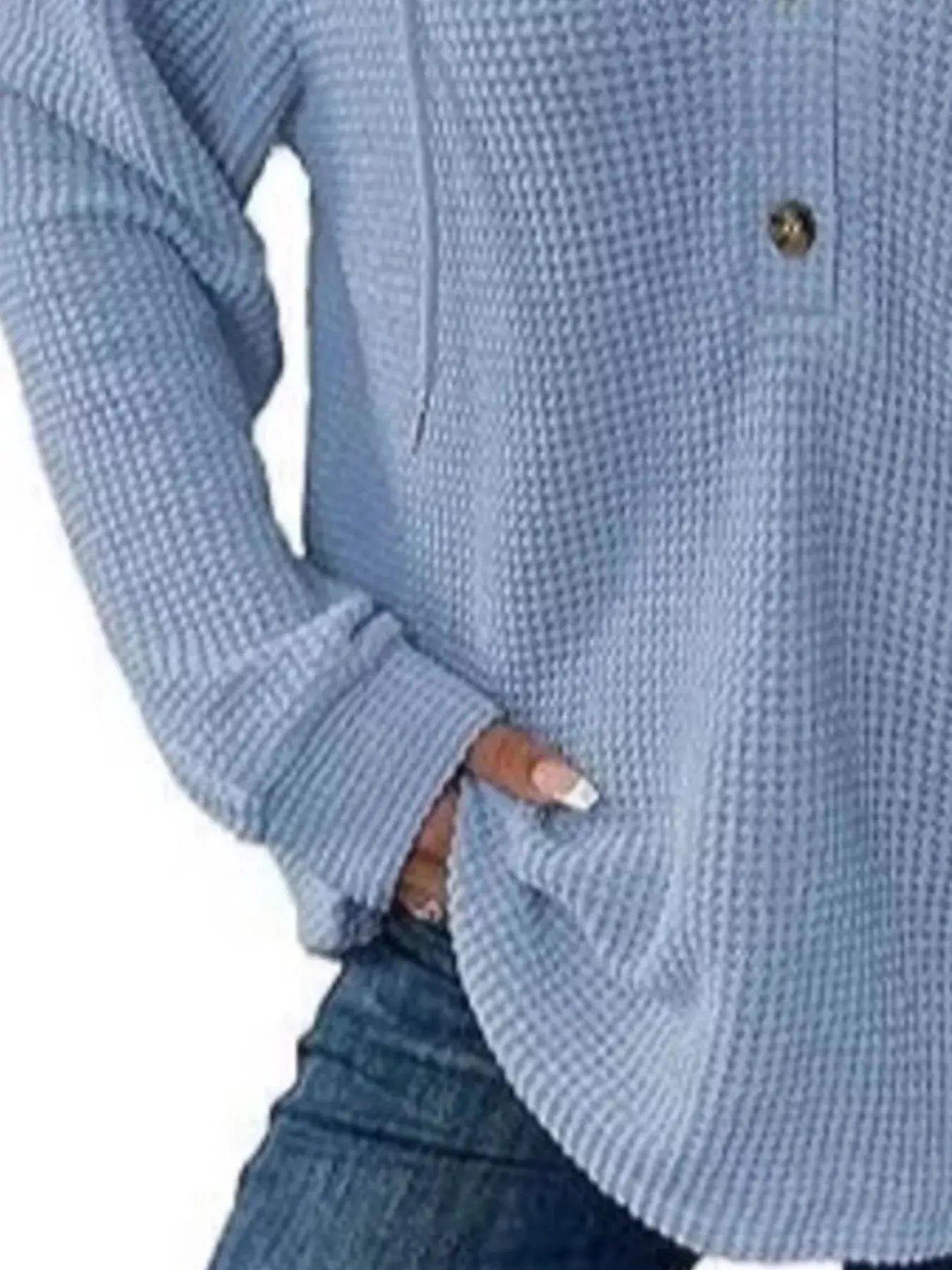 Full Size Button Detail Waffle Knit Hoodie  Style Ratio