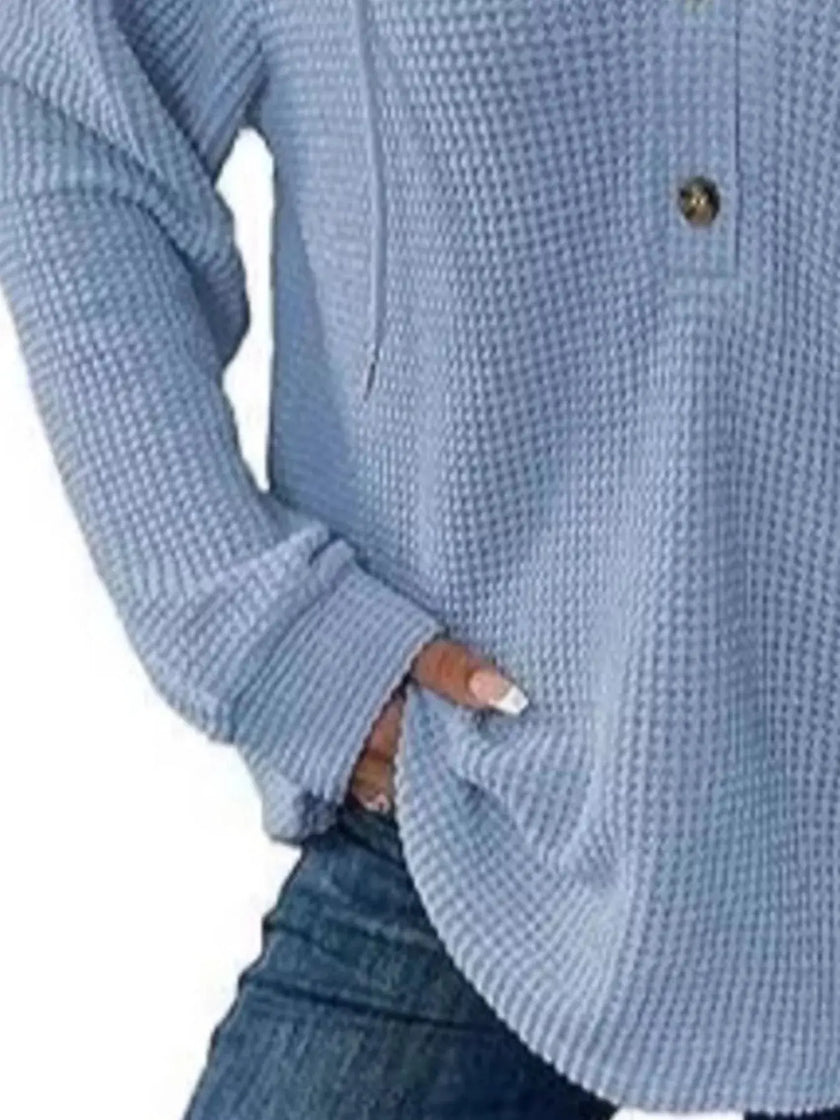 Full Size Button Detail Waffle Knit Hoodie  Style Ratio