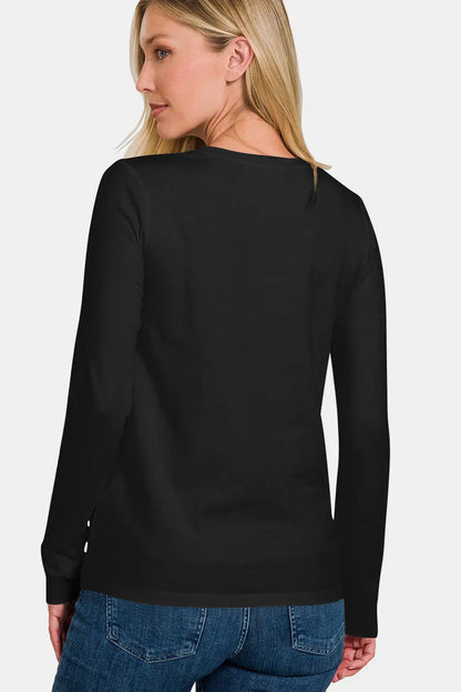 Solid Color Round Neck Long Sleeve Shirt Trendsi