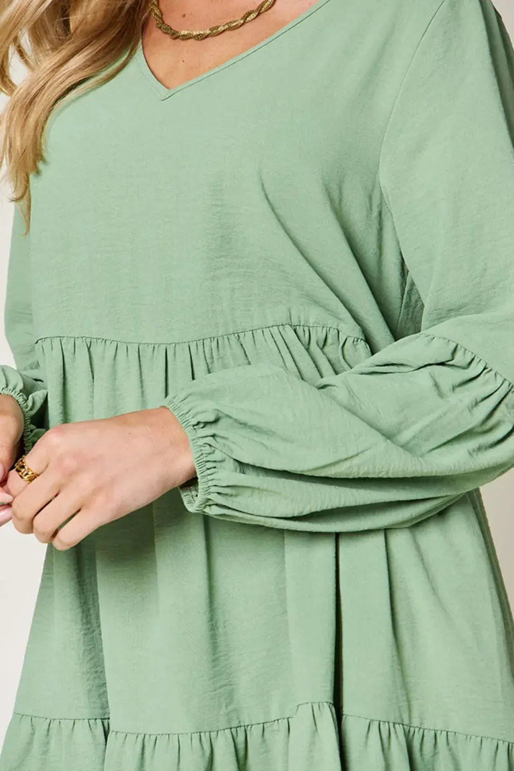 Double Take Full Size V-Neck Balloon Sleeve Tiered Dress with Pockets  Style Ratio