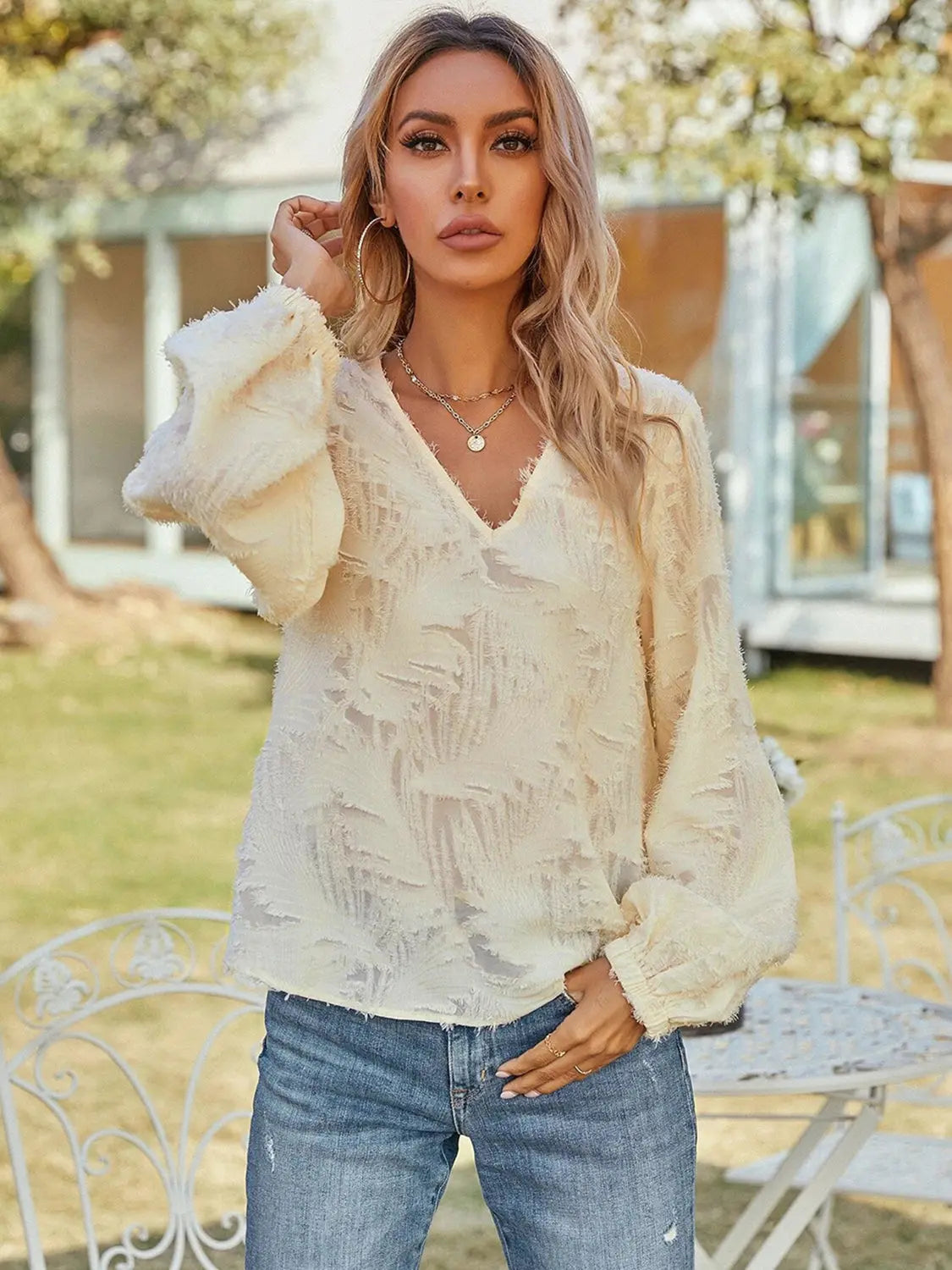 V-Neck Long Sleeve Blouse  Style Ratio