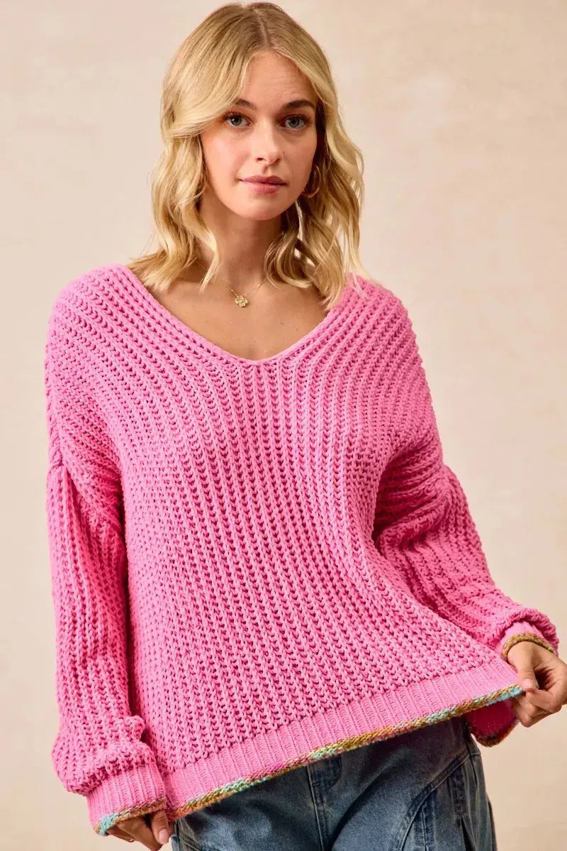 BiBi V Neck Sweater with Colorful Trim  Style Ratio