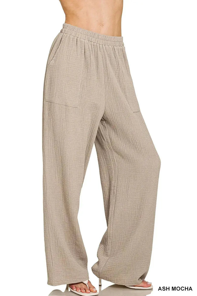 Zenana Double Gauze Elastic Band Wide Leg Pants  Style Ratio