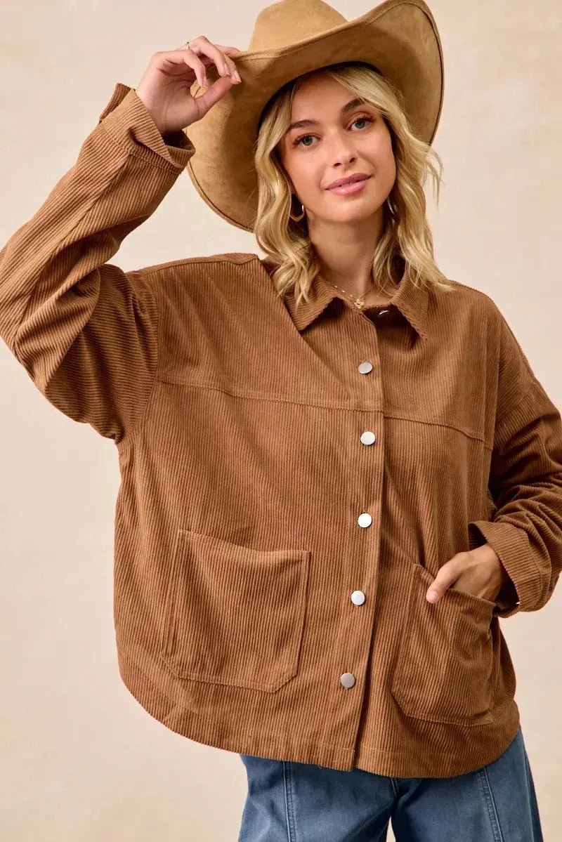 BiBi Corduroy Relaxed Fit Long Sleeve Shacket  Style Ratio