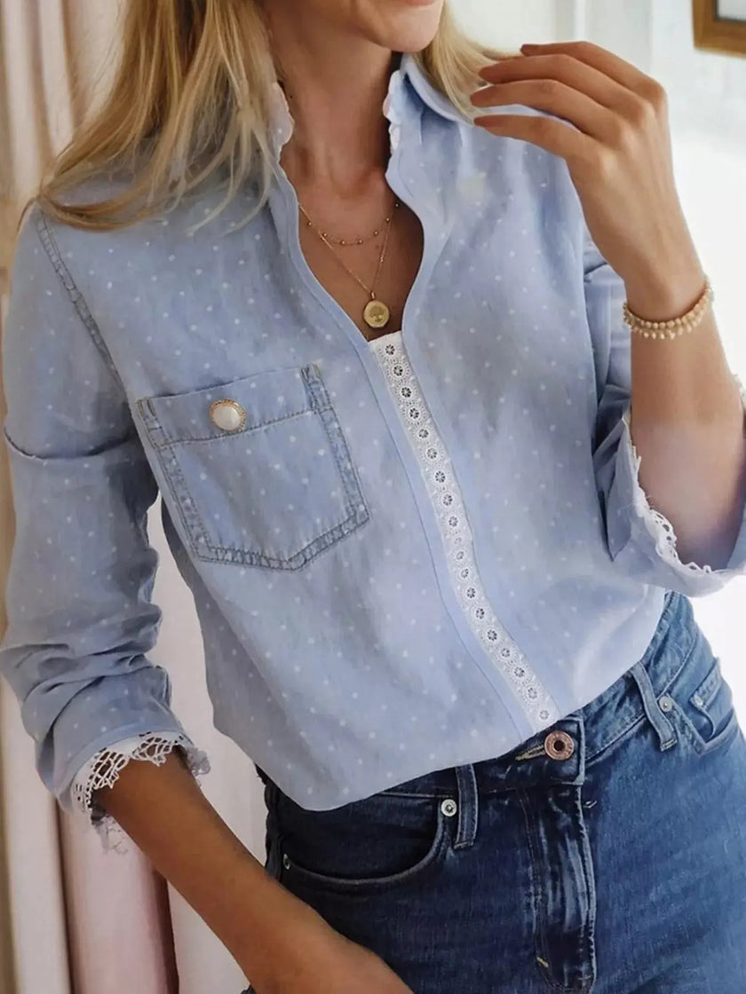 Lace Trim Patchwork Dotted Print Collared Blouse  Style Ratio