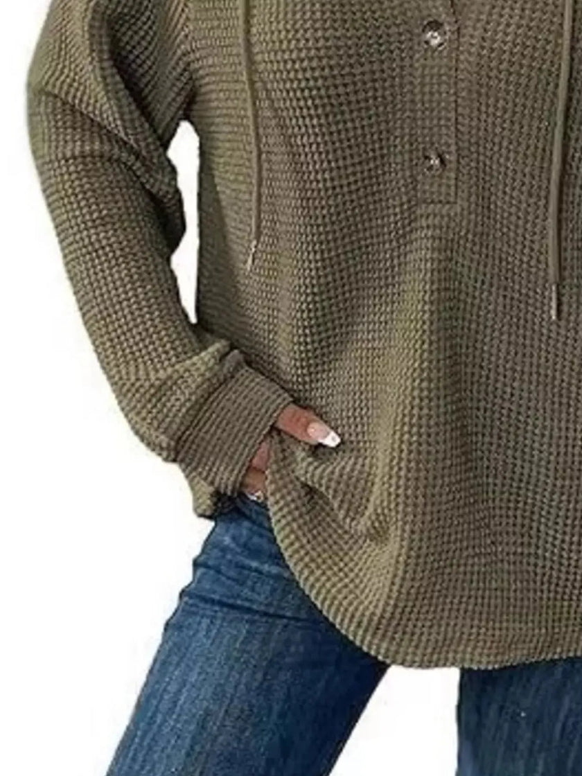 Full Size Button Detail Waffle Knit Hoodie  Style Ratio