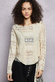 POL Round Neck Long Sleeve Exposed Seam Top with Lace Detail  Style Ratio