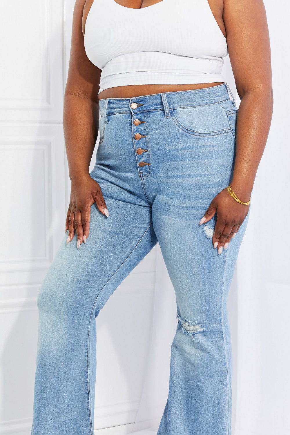 High Rise Button Flare Jeans