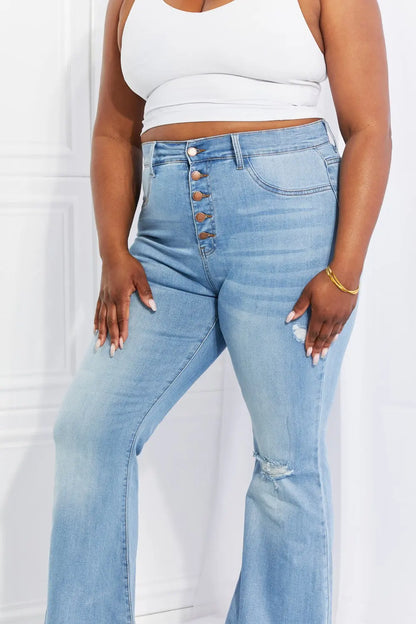 Vibrant MIU High Rise Button Flare Jeans Trendsi