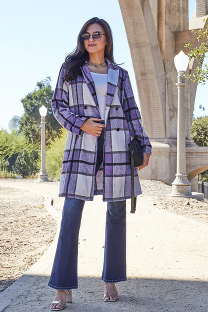 Double Take Plaid Button Up Lapel Collar Coat Trendsi