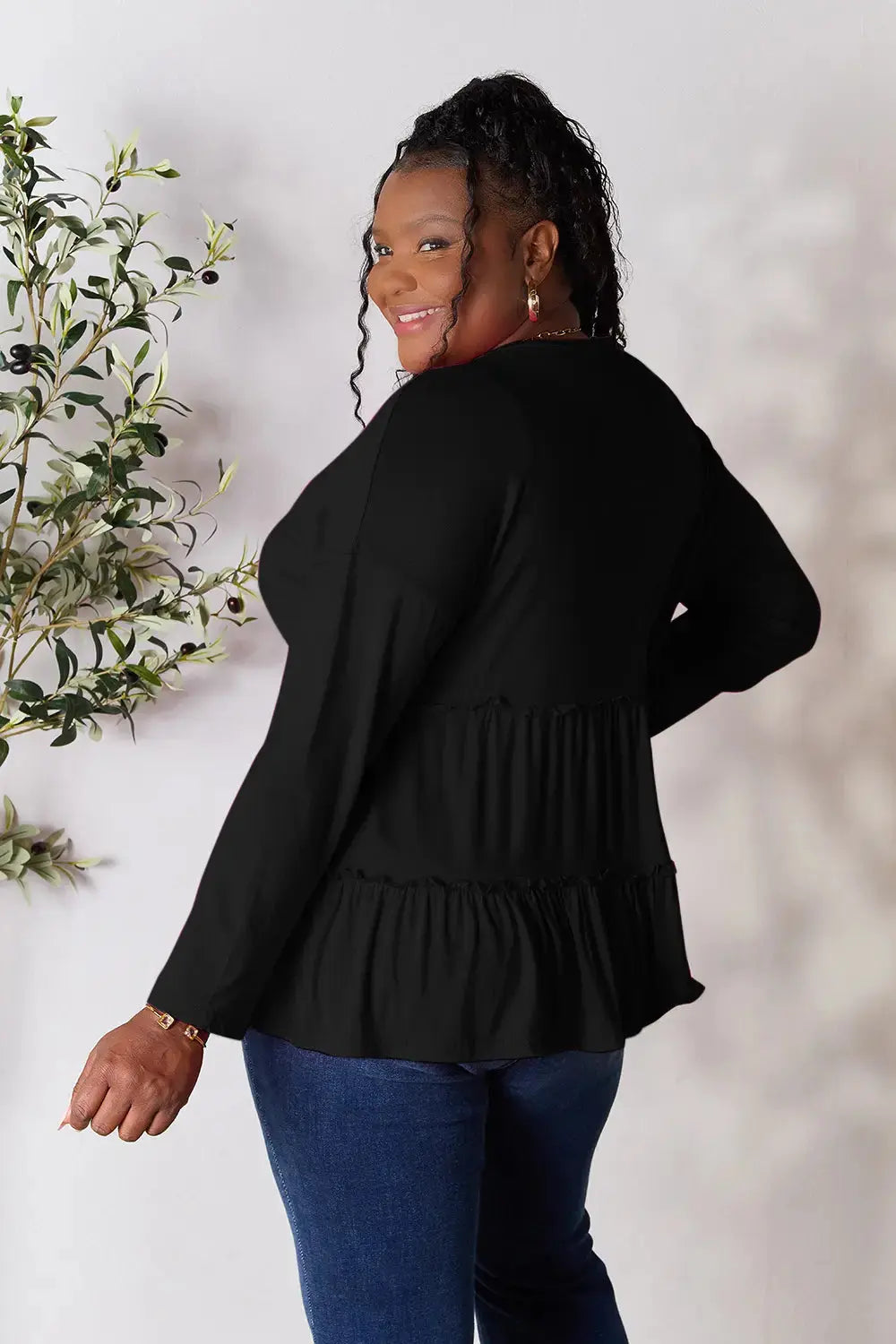 Double Take Half Button Long Sleeve Ruffle Hem Blouse  Style Ratio