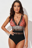 Multicolor Floral Leopard Splicing Color Block Mesh One Piece Swimsuit  Style Ratio