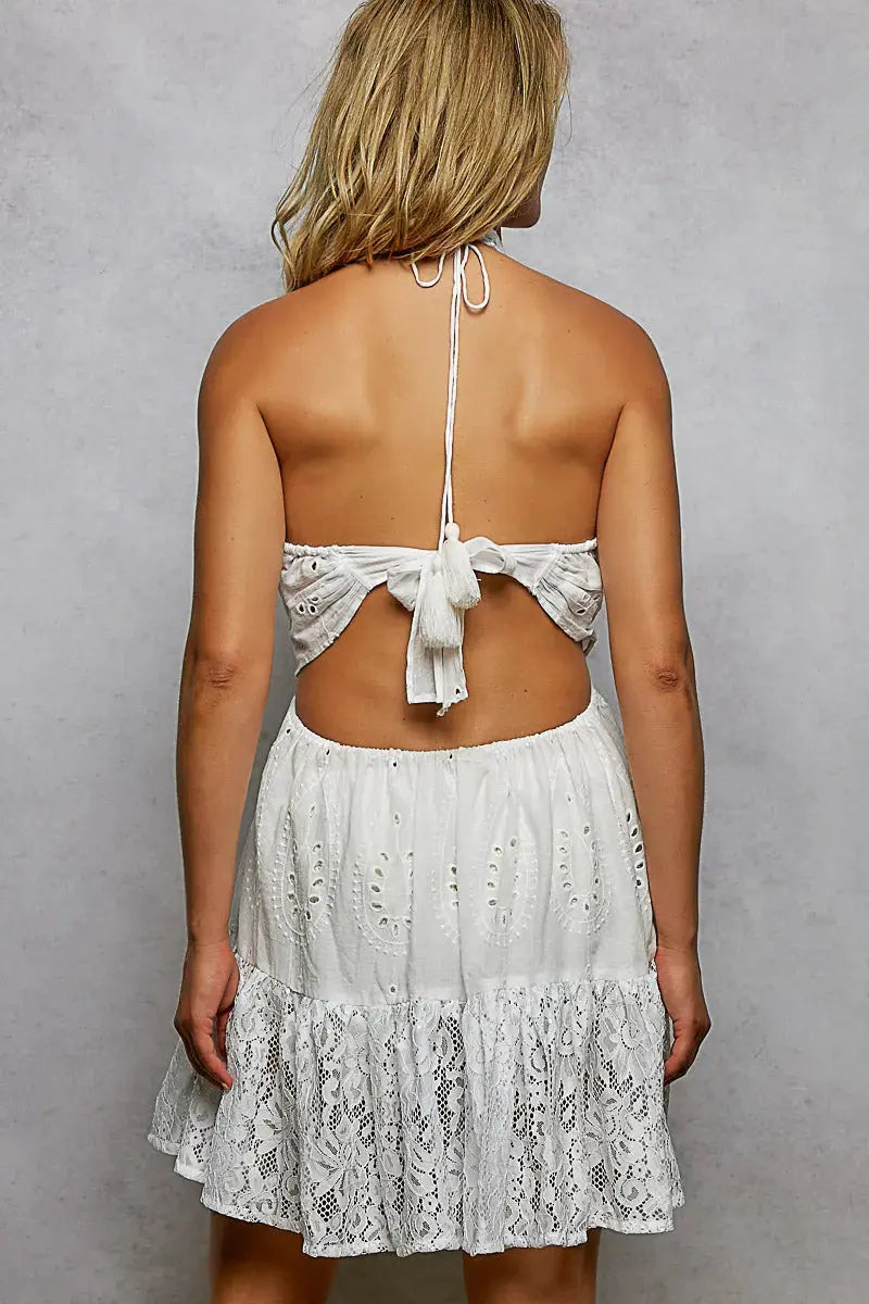 POL Halter Lace Patch Ruffle Mini Dress with Adjustable Tie on Back  Style Ratio