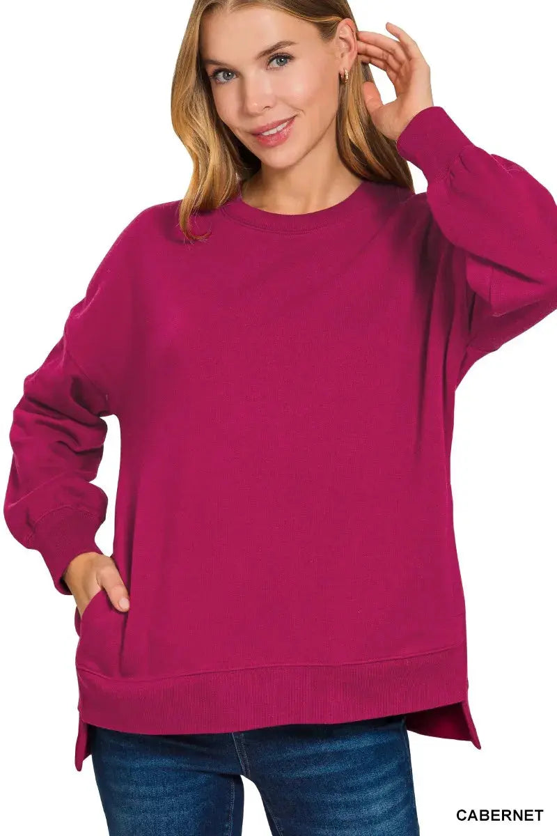 Zenana Fleece Hi-low Boyfriend Sweatshirt with Pockets  Style Ratio