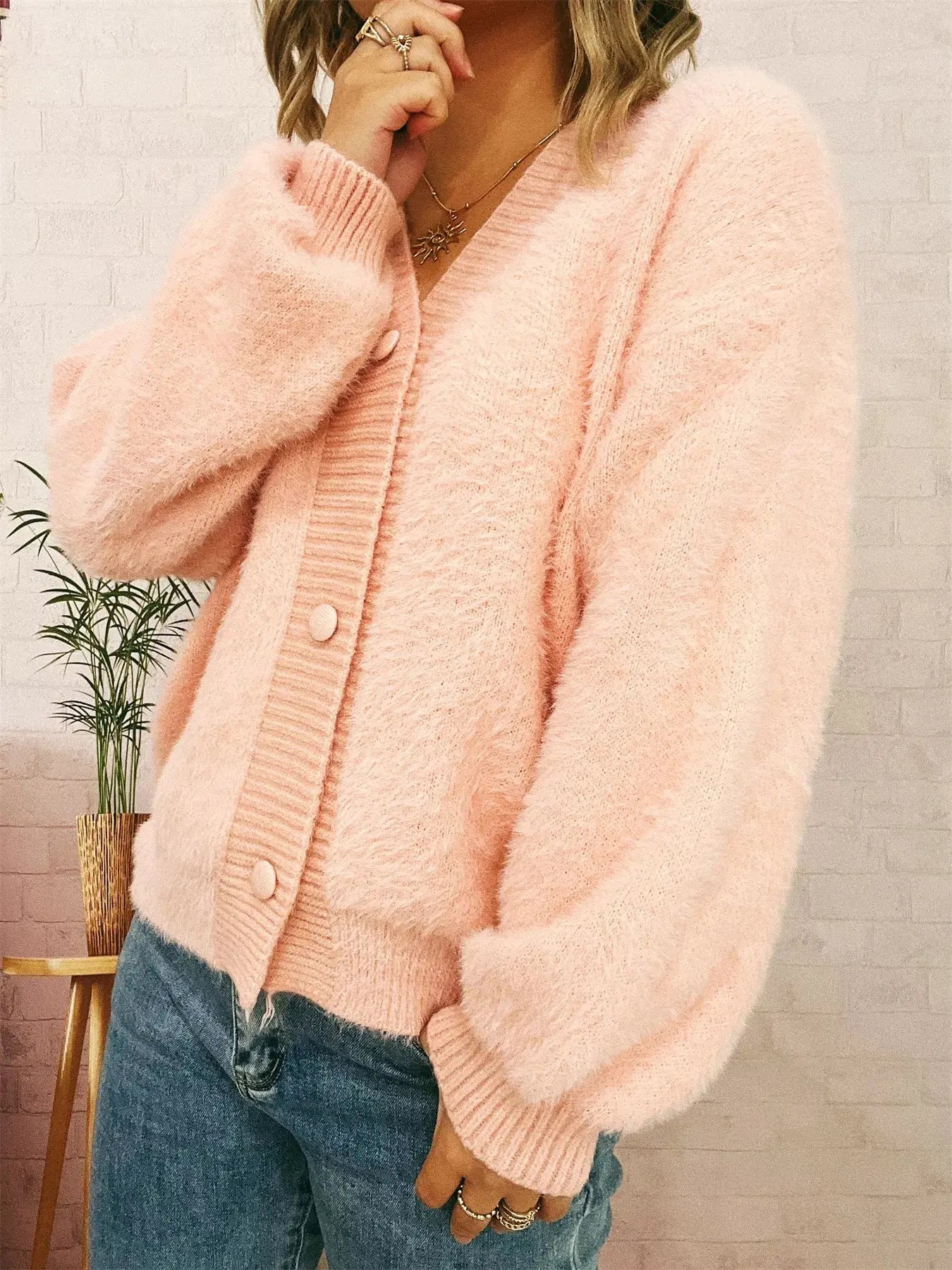 Fuzzy Button-Up Long Sleeve Cardigan  Style Ratio