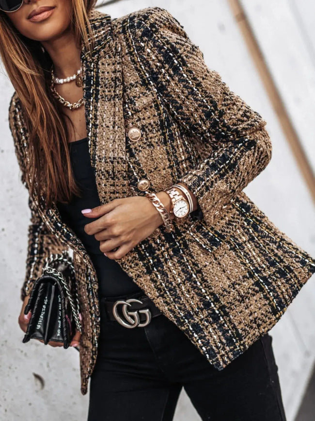 Full Size Plaid Tweed Double-Breasted Blazer Plus Size  Style Ratio