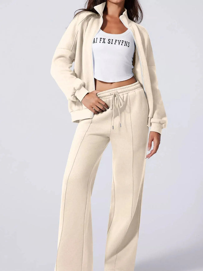 Drop Shoulder Zip Up Jacket and Drawstring Pants Active 2pcs Set  Style Ratio