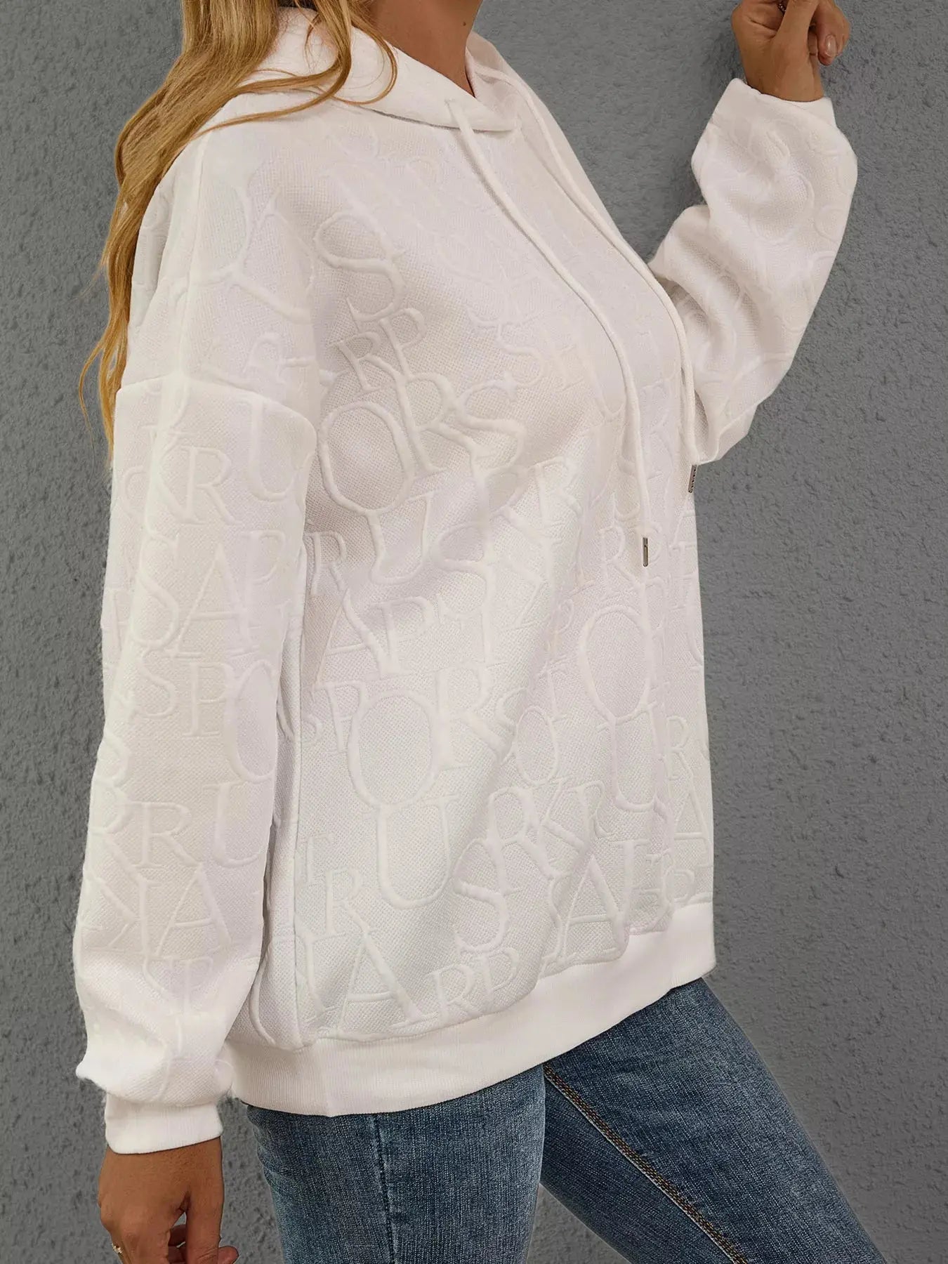 Full Size Embossed Lettering Casual Hoodie  Style Ratio