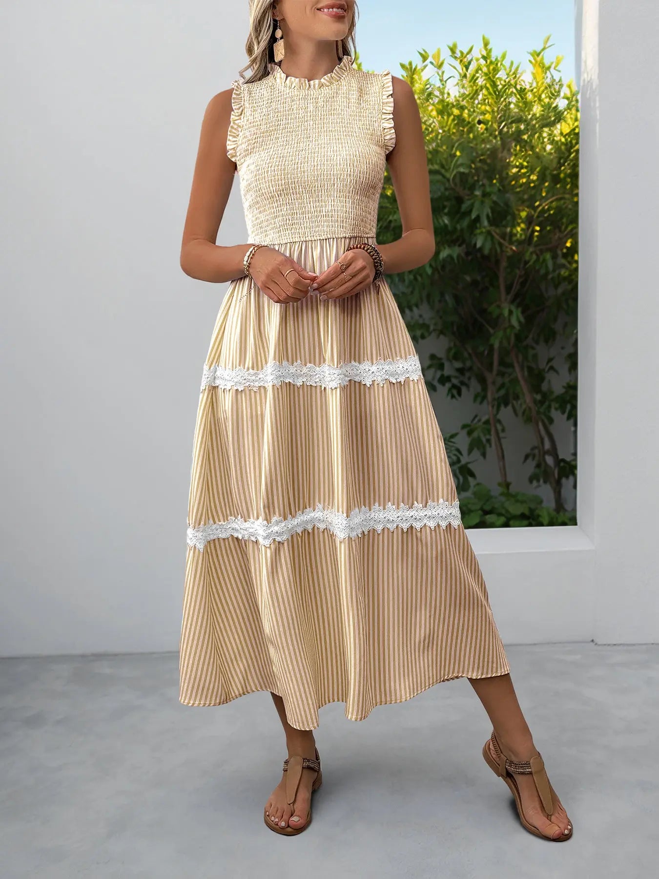 Striped Smocked Sleeveless Tiered Midi Dress  Style Ratio