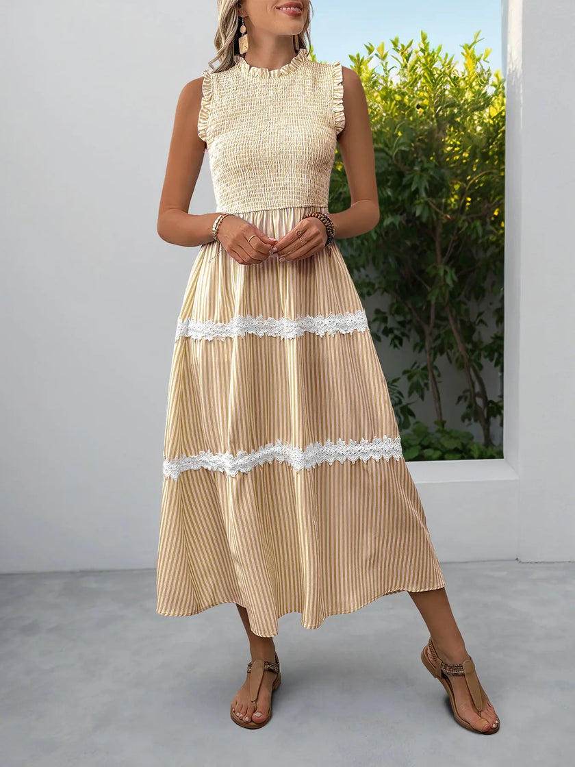 Striped Smocked Sleeveless Tiered Midi Dress  Style Ratio